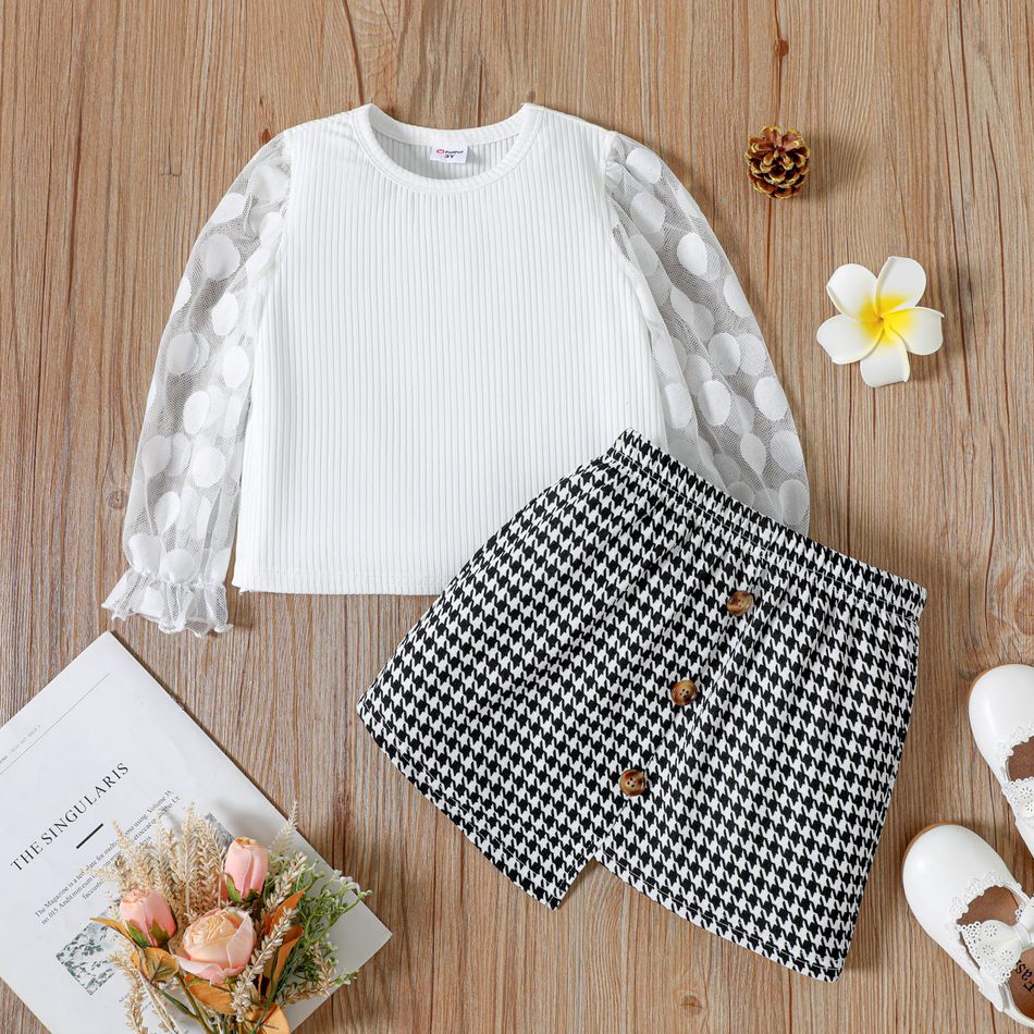 2-piece Toddler Girl Ribbed Dots Mesh Splice Long-sleeve Tee and Plaid Skirt Set BlackandWhite