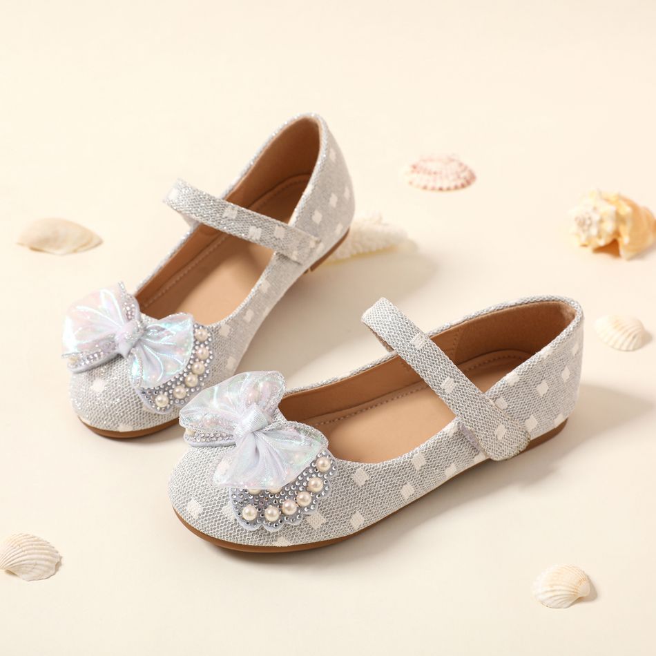 Toddler / Kid Faux Pearl Bow Decor Flats Mary Jane Shoes Light Grey