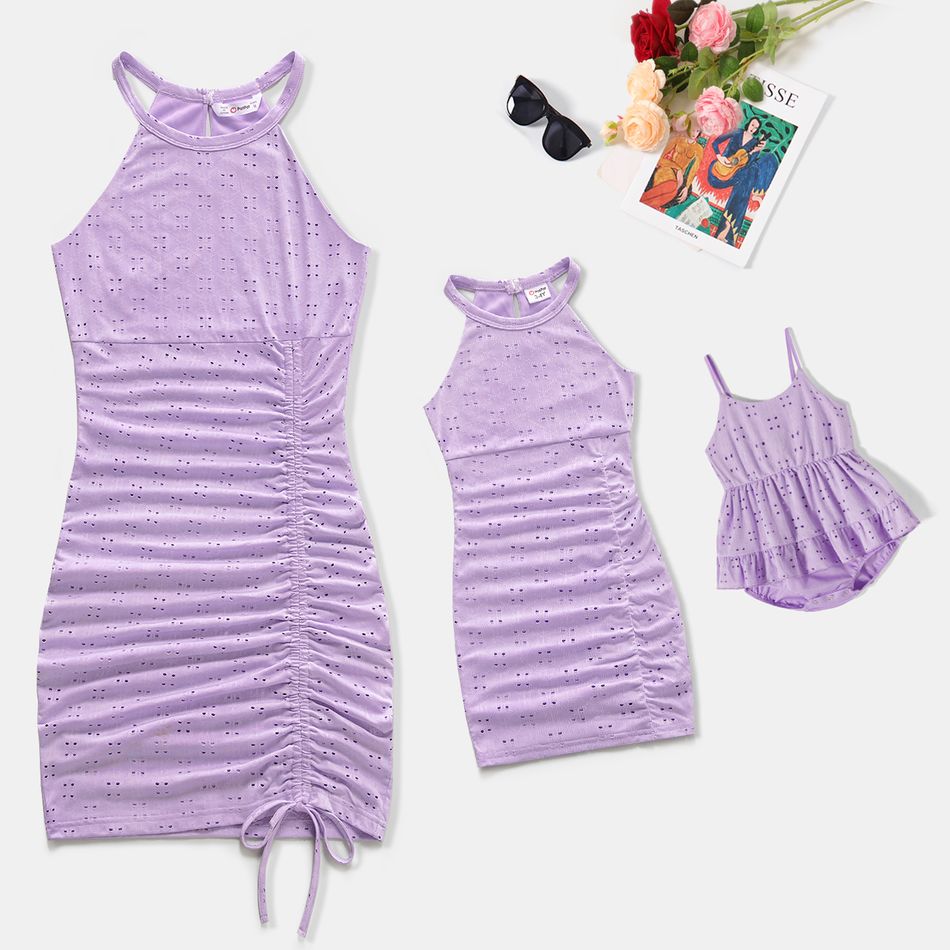Purple Eyelet Textured Halter Ruched Drawstring Bodycon Dress for Mom and Me Light Purple