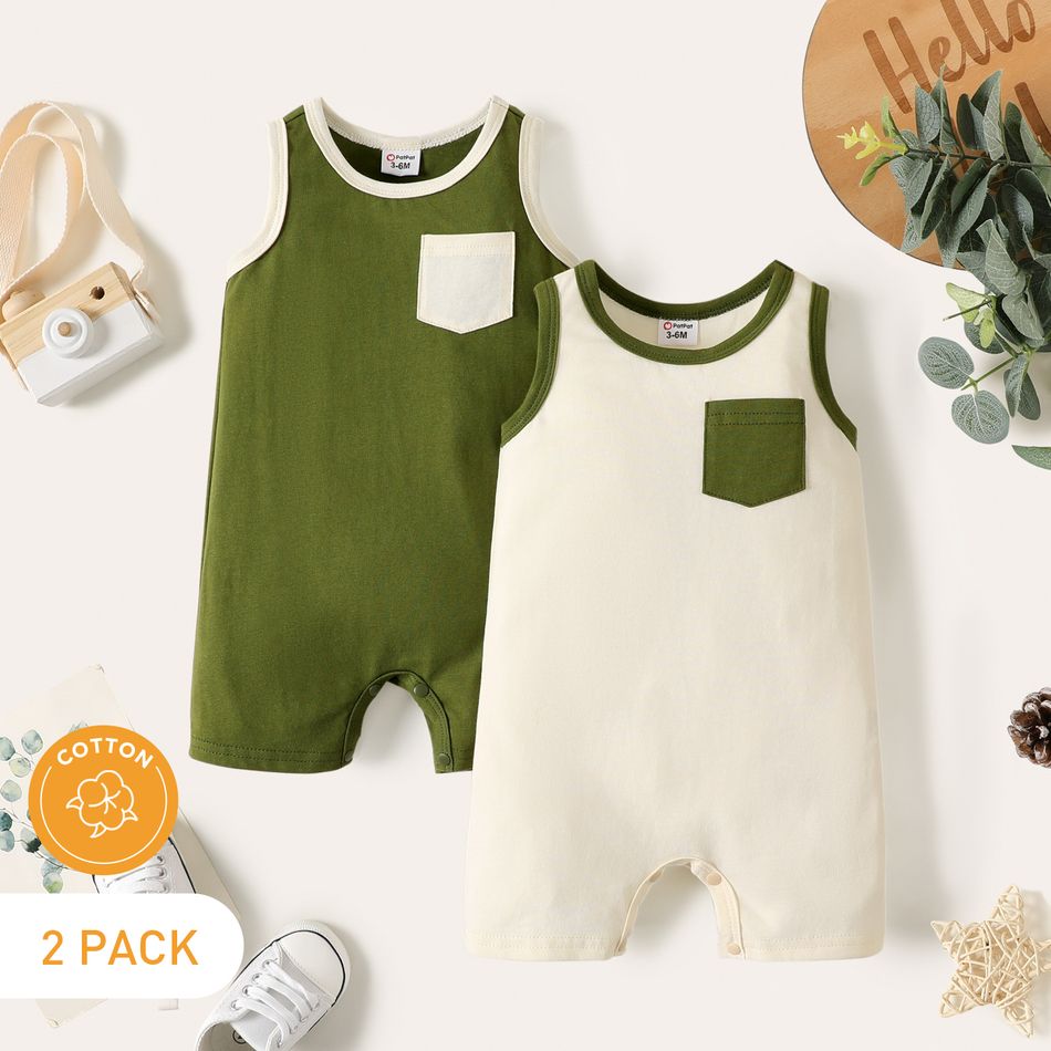 2-Pack 100% Cotton Baby Boy Contrast Color Tank Rompers Set ColorBlock