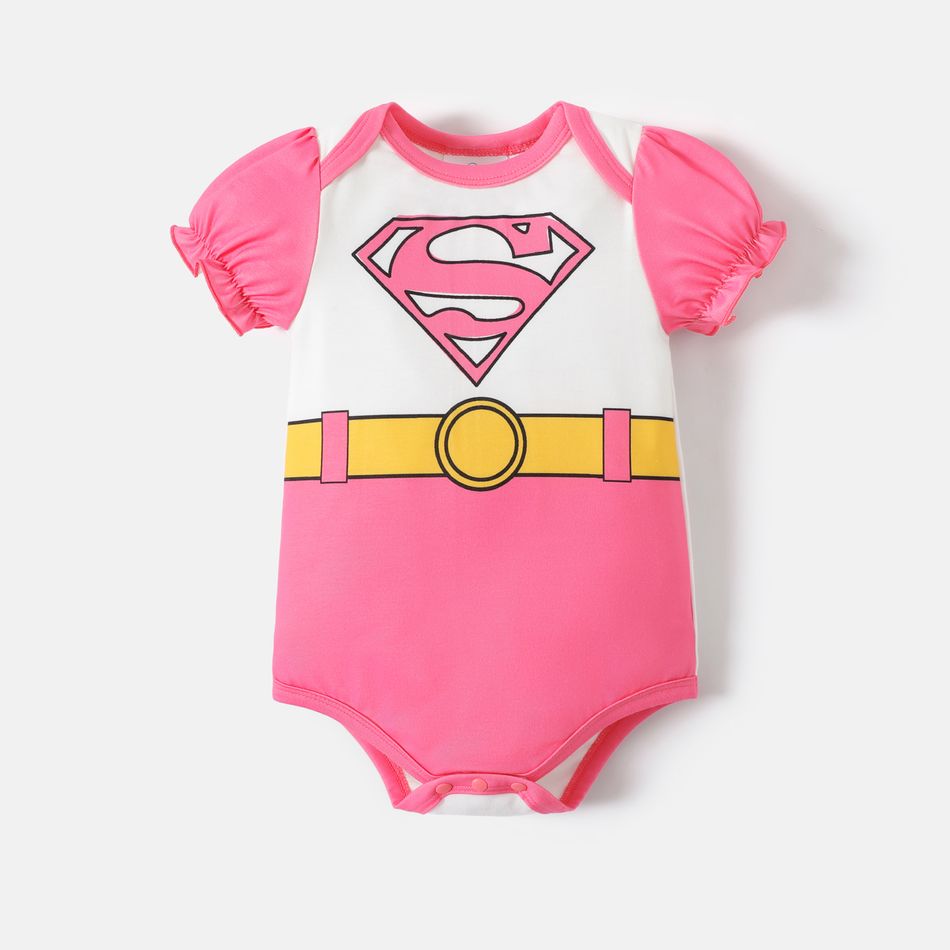 Superman Baby Girl Pink Puff-sleeve Graphic Romper DarkPink