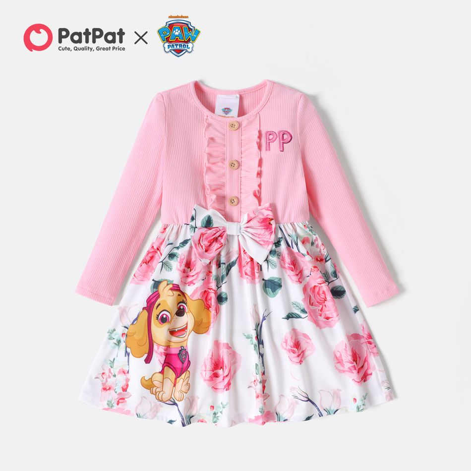 PAW Patrol Toddler Girl Floral Print Splice Bowknot Ruffled Long-sleeve Dress Pink