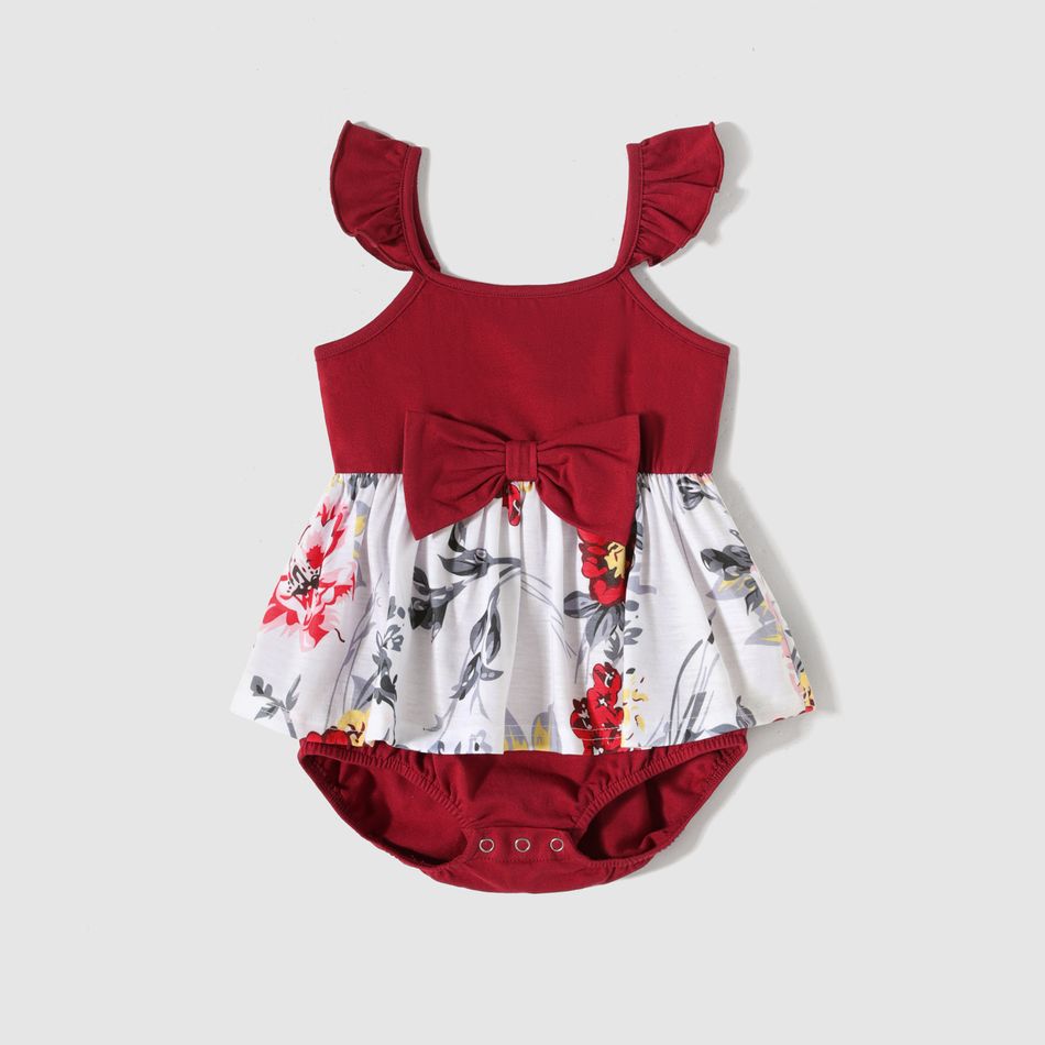 Family Matching Cotton Solid Flutter-sleeve Spliced Floral Print Dresses and Colorblock Short-sleeve Polo Shirts Sets WineRed big image 7