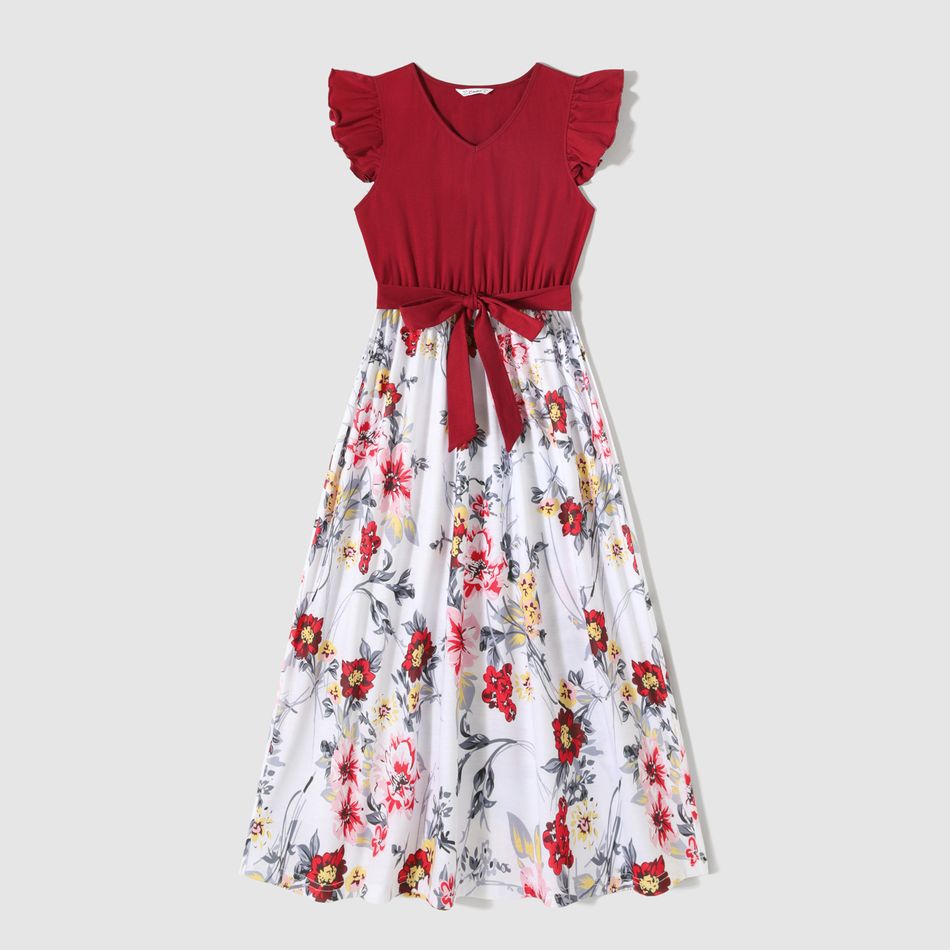 Family Matching Cotton Solid Flutter-sleeve Spliced Floral Print Dresses and Colorblock Short-sleeve Polo Shirts Sets WineRed big image 2