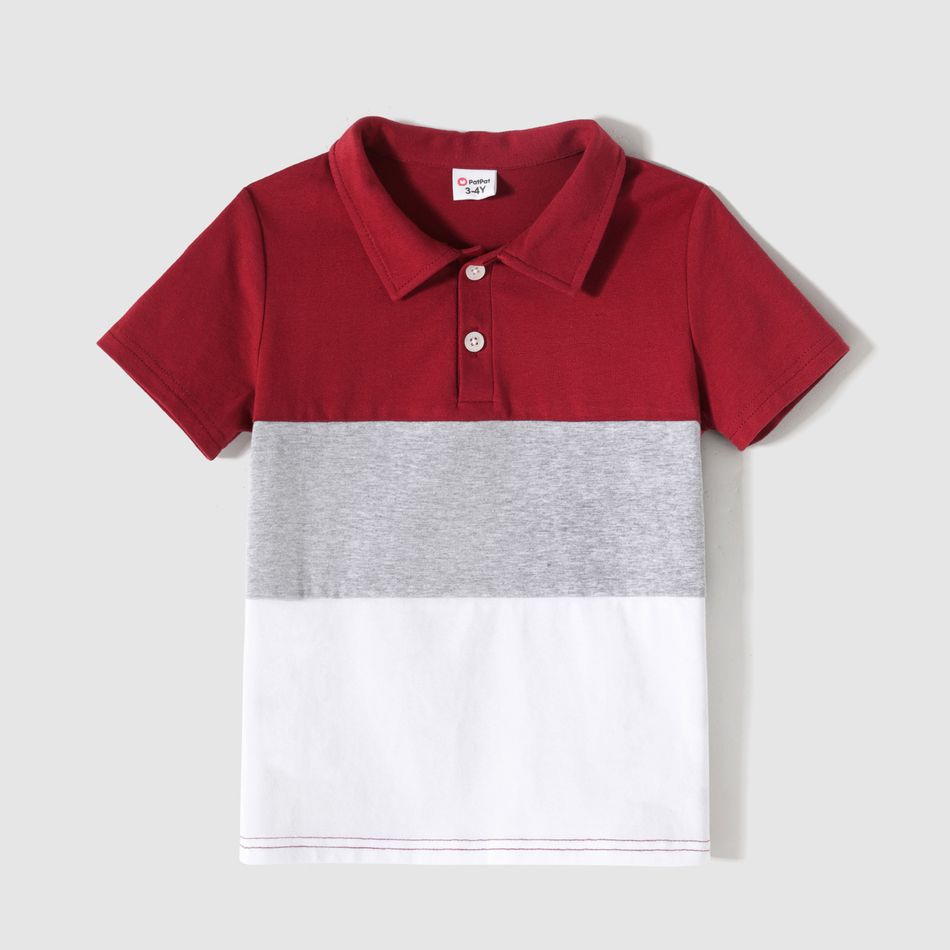 Family Matching Cotton Solid Flutter-sleeve Spliced Floral Print Dresses and Colorblock Short-sleeve Polo Shirts Sets WineRed big image 11