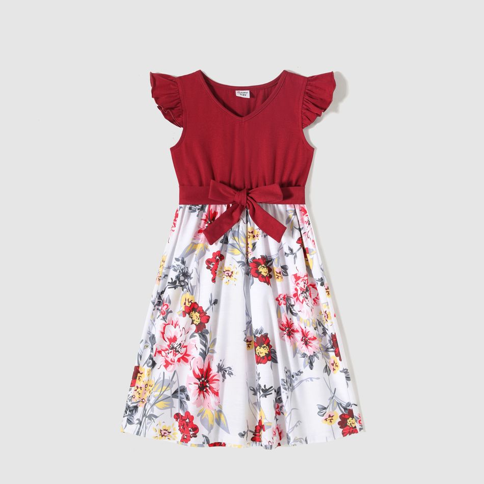 Family Matching Cotton Solid Flutter-sleeve Spliced Floral Print Dresses and Colorblock Short-sleeve Polo Shirts Sets WineRed big image 6