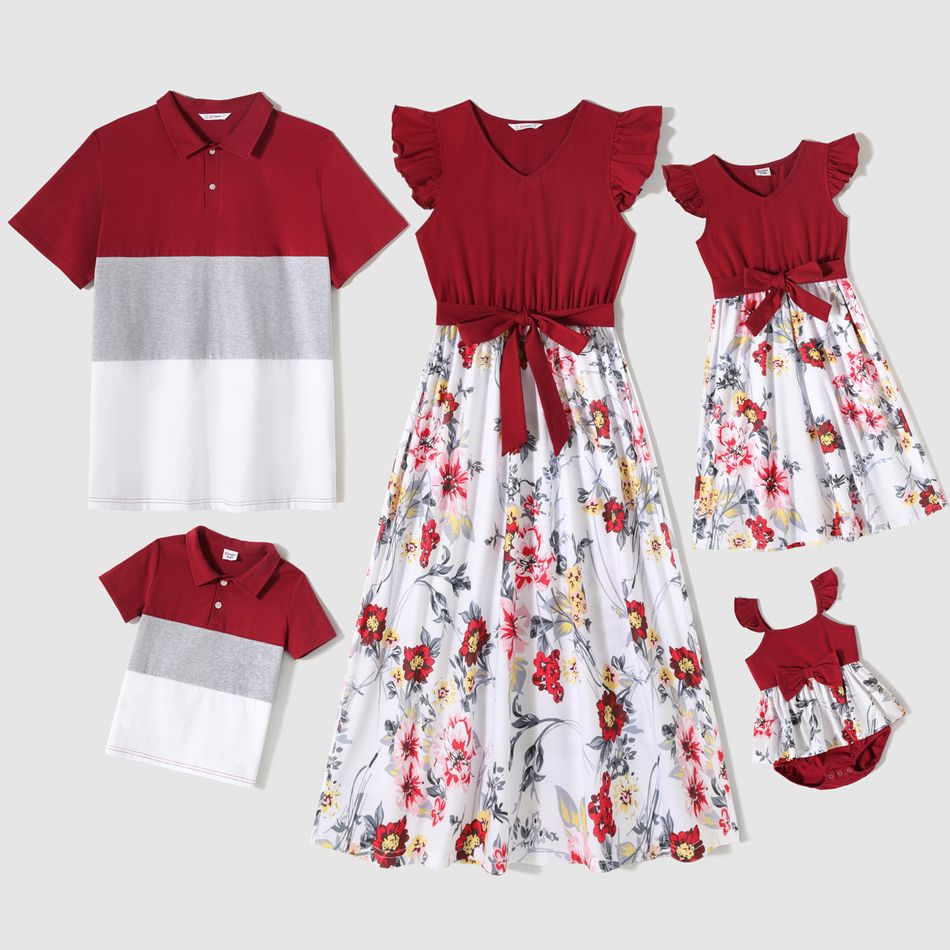 Family Matching Cotton Solid Flutter-sleeve Spliced Floral Print Dresses and Colorblock Short-sleeve Polo Shirts Sets WineRed big image 1