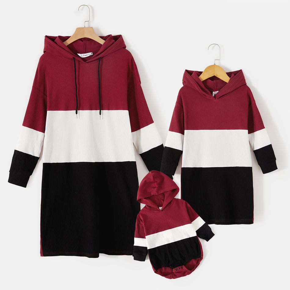 Color Block Ribbed Long-sleeve Drawstring Hoodie Dress for Mom and Me ColorBlock big image 1