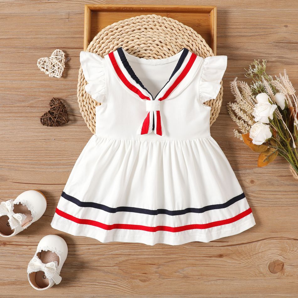 Baby Girl 95% Cotton Flutter-sleeve Contrast Striped Dress White