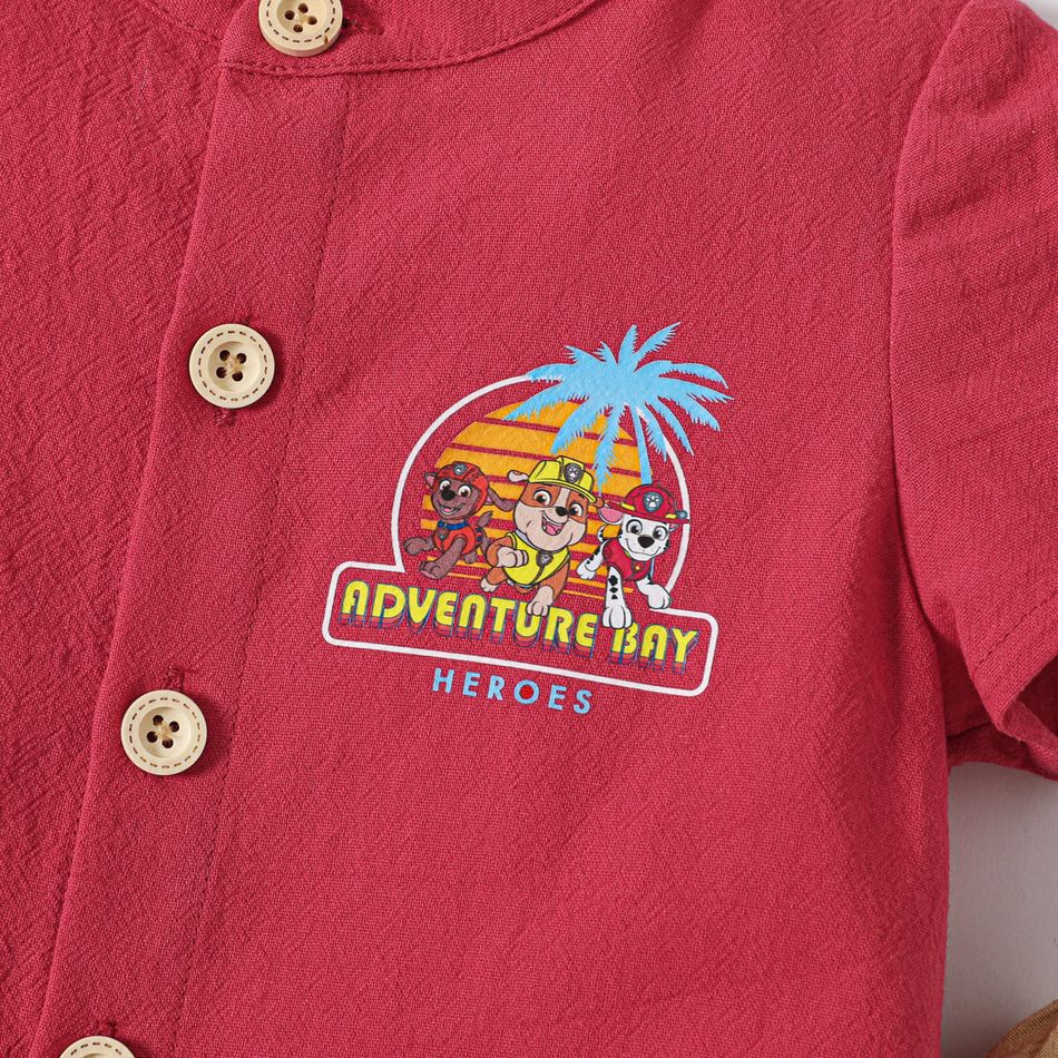 PAW Patrol 2pcs Toddler Boy 100% Cotton Letter Print Button Design Short-sleeve Red Shirt and Shorts Set MAROON big image 4