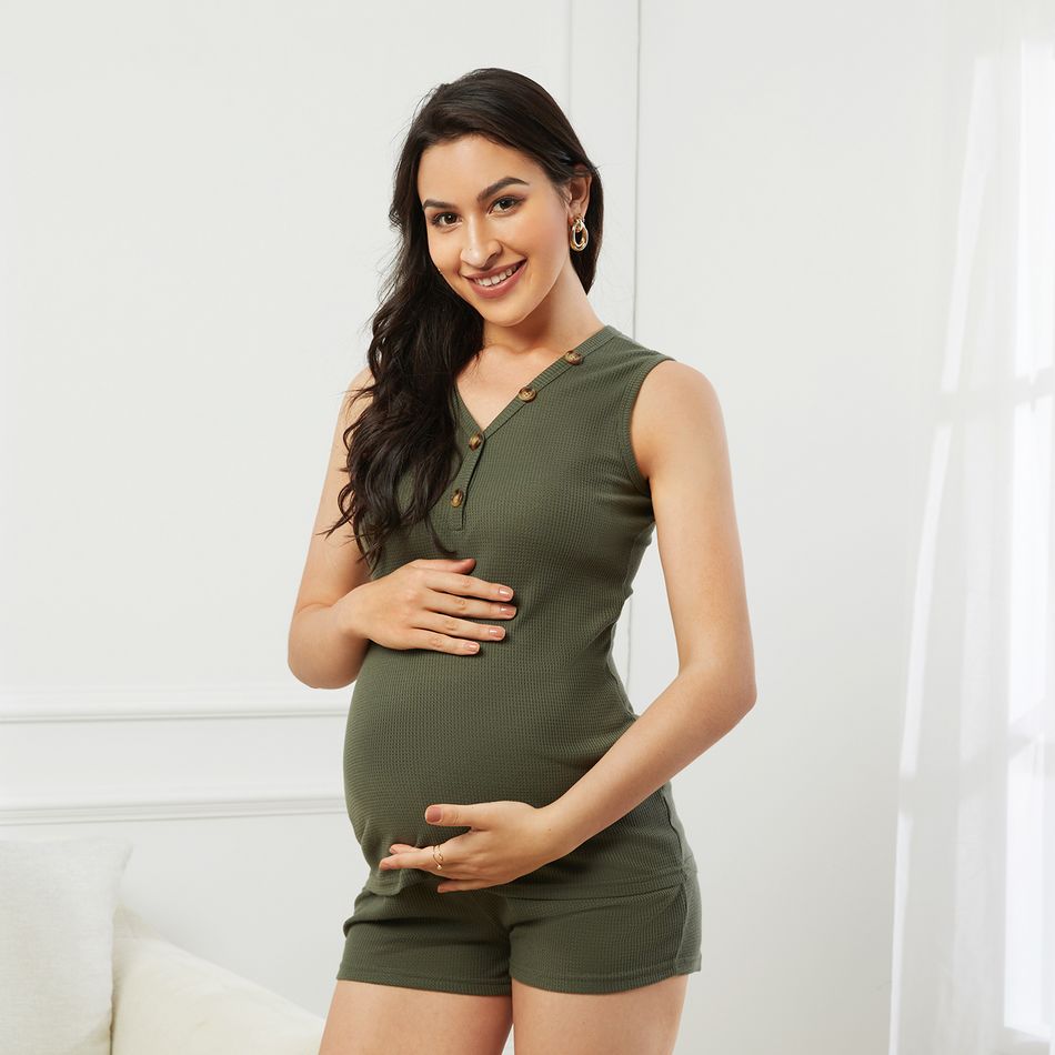 Maternity Waffle Button Tank Top and Shorts Pajamas Lounge Set Green