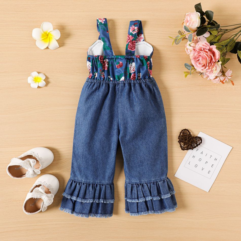 Baby Girl Floral Print and Solid Splicing Bow Front Cut Out Layered Bell Bottom Overalls Deep Blue