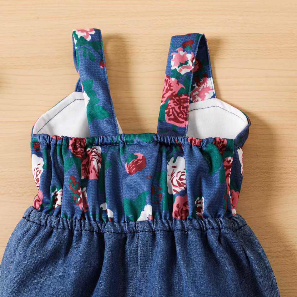 Baby Girl Floral Print and Solid Splicing Bow Front Cut Out Layered Bell Bottom Overalls Deep Blue big image 4