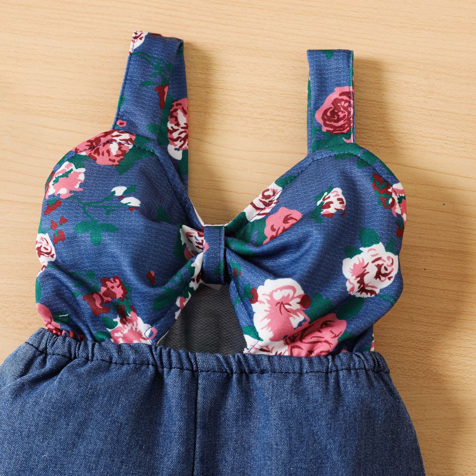 Baby Girl Floral Print and Solid Splicing Bow Front Cut Out Layered Bell Bottom Overalls Deep Blue big image 2