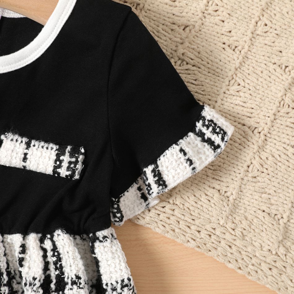 Baby Girl Ruffle-sleeve Spliced Tweed Dress BlackandWhite