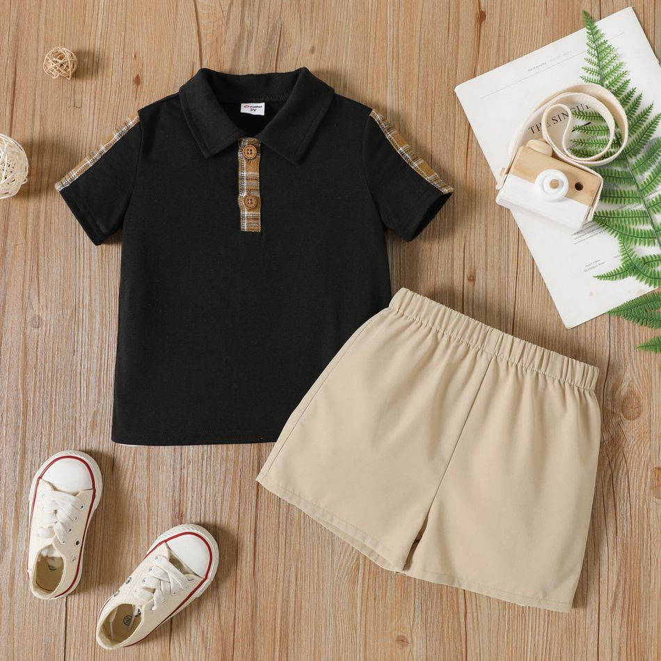 2pcs Toddler Boy Plaid Colorblock Short-sleeve Polo Shirt and Elasticized Shorts Set Black