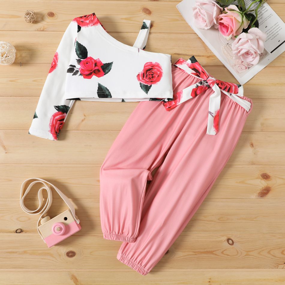 2pcs Toddler Floral Print One Shoulder Long-sleeve Tee and Belted Pink Pants Set Pink