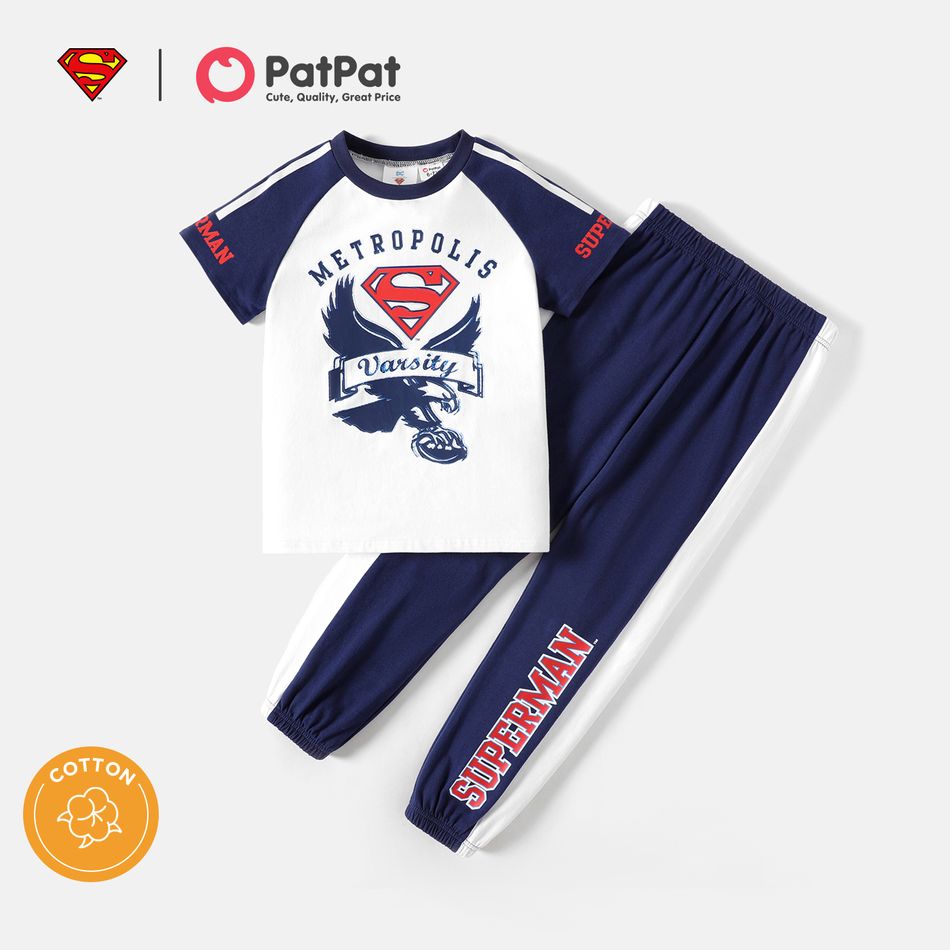 Superman 2pcs Kid Boy Letter Print Short Raglan Sleeve Cotton Tee and Elasticized Pants Set blueblack
