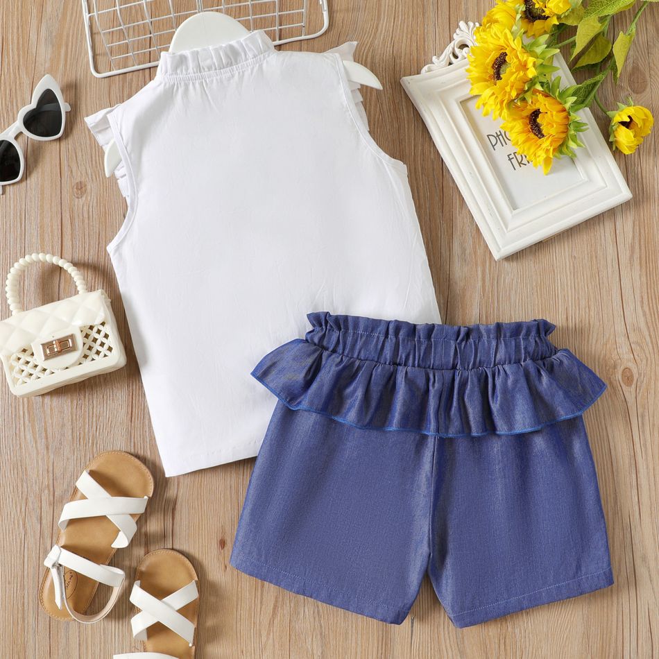 2pcs Kid Girl Floral Embroidered Ruffle Collar Sleeveless Blouse and Denim Jeans Shorts Set White big image 2