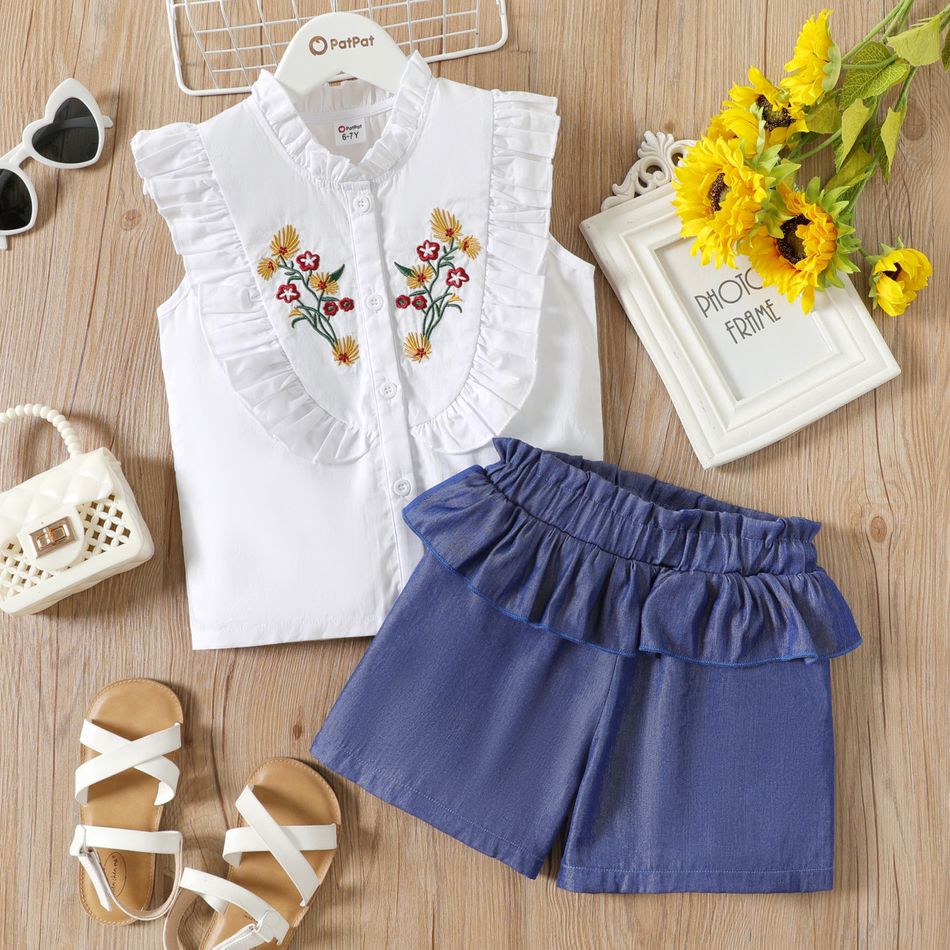 2pcs Kid Girl Floral Embroidered Ruffle Collar Sleeveless Blouse and Denim Jeans Shorts Set White big image 1
