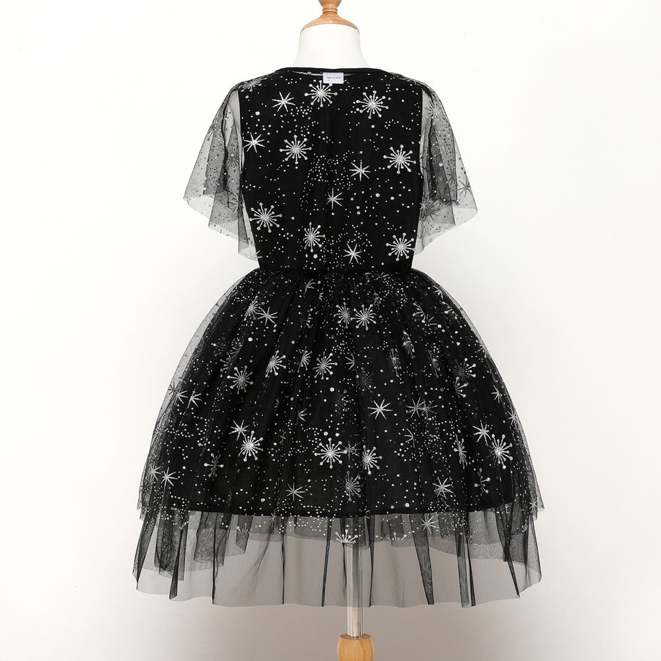 Kid Girl Satr Glitter Design Irregular Sleeve Mesh Design Princess Black Party Dress Black big image 7