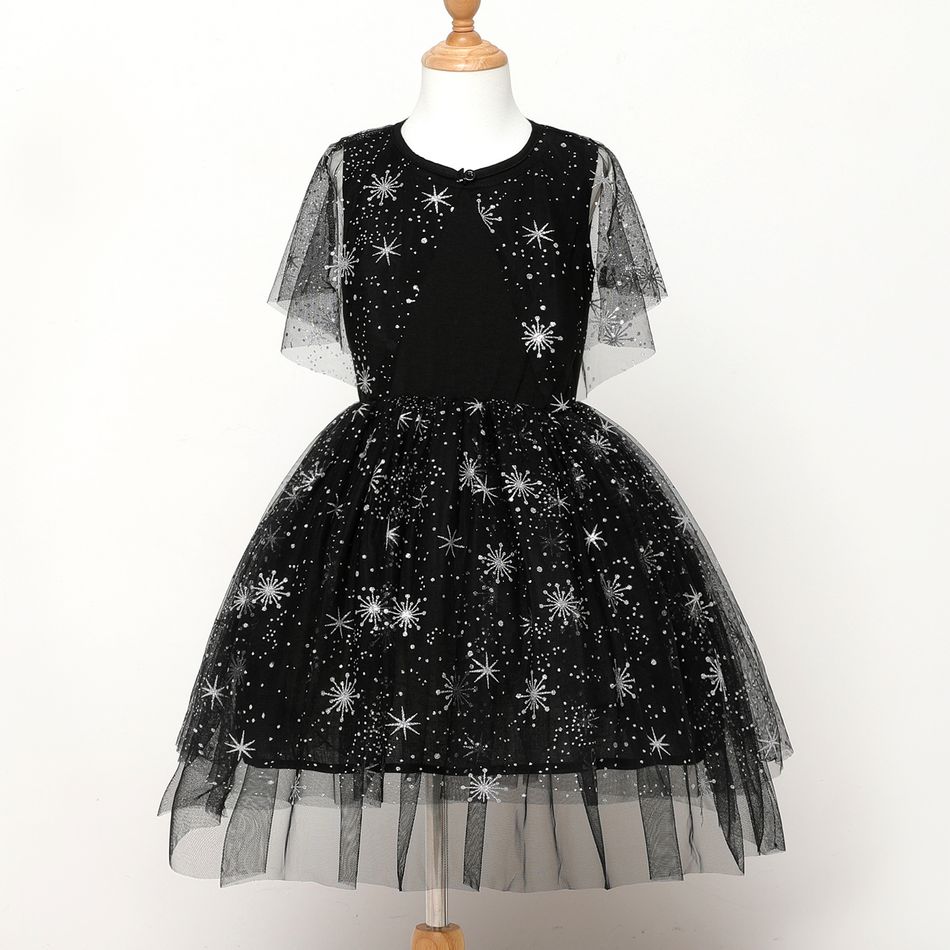 Kid Girl Satr Glitter Design Irregular Sleeve Mesh Design Princess Black Party Dress Black