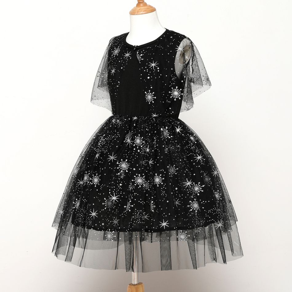 Kid Girl Satr Glitter Design Irregular Sleeve Mesh Design Princess Black Party Dress Black big image 2