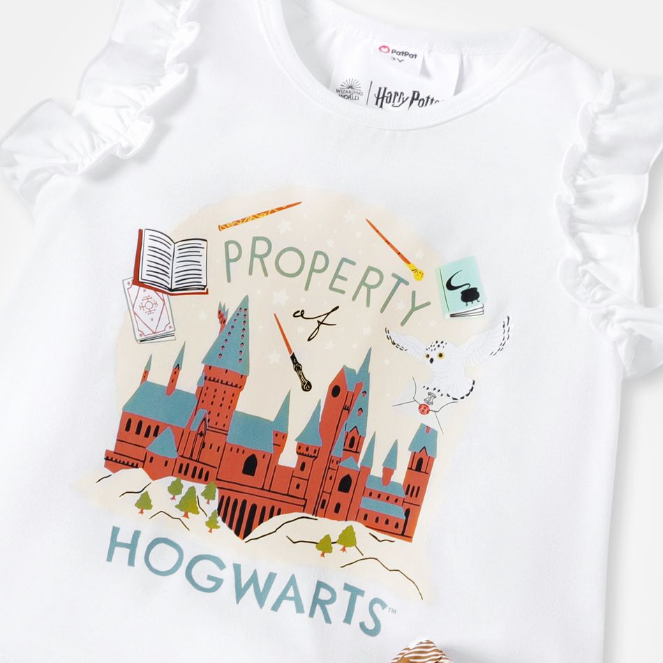 Harry Potter 2pcs Toddler Girl Letter Castle Print Ruffled Flutter-sleeve White Tee and Plaid Shorts Set White big image 5