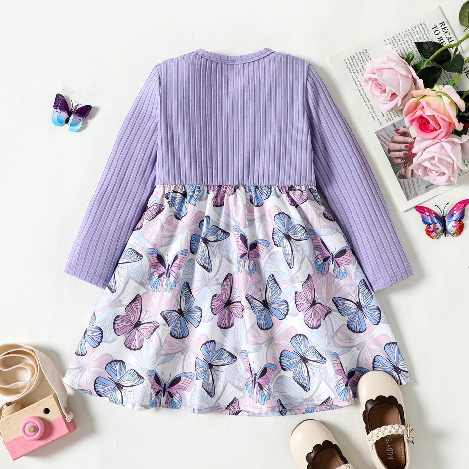 Toddler Girl Ribbed Bowknot Design Butterfly Print Splice Long-sleeve Dress Purple big image 3