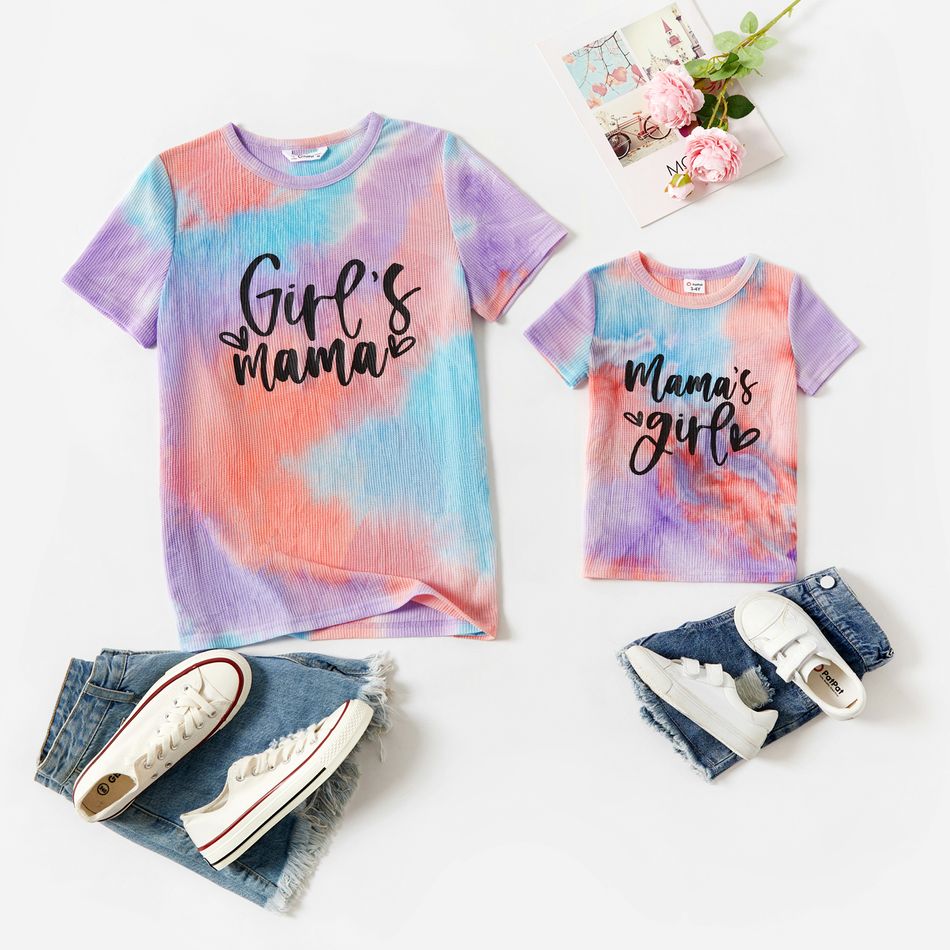 Letter Print Tie Dye Textured Short-sleeve T-shirts for Mom and Me Colorful