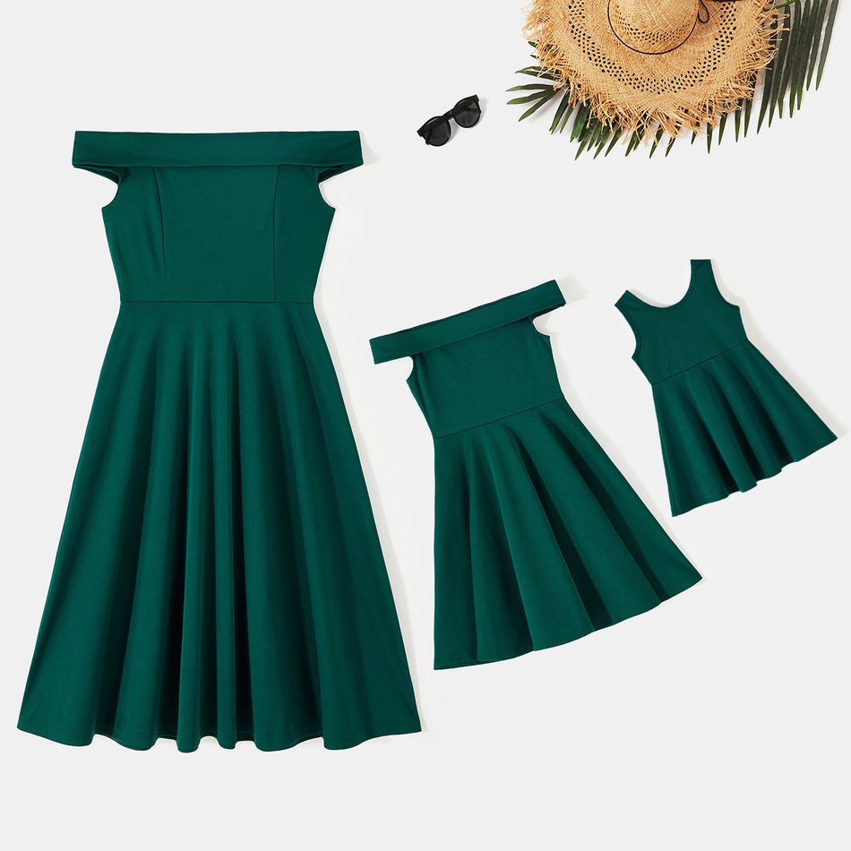 Dark Green Off Shoulder Strapless A-line Pleated Dress for Mom and Me DarkGreen