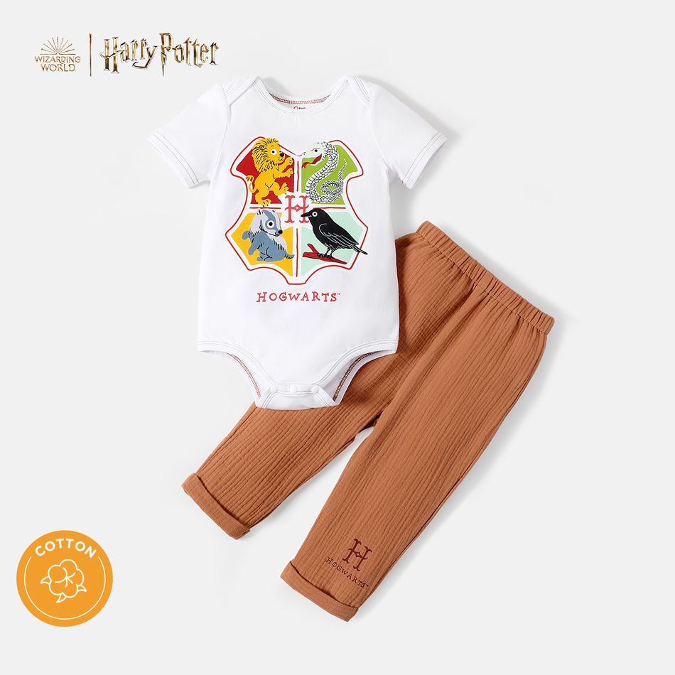 Harry Potter 2pcs Baby Boy Cotton Crepe Pants and Short-sleeve Graphic Romper Set White