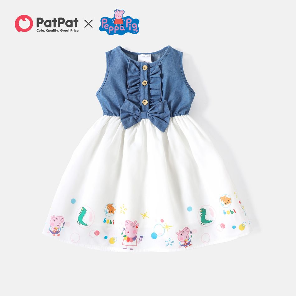 Peppa Pig Toddler Girl Ruffled Bowknot Design Denim/Polka dots Sleeveless Cototn Dress DENIMBLUE
