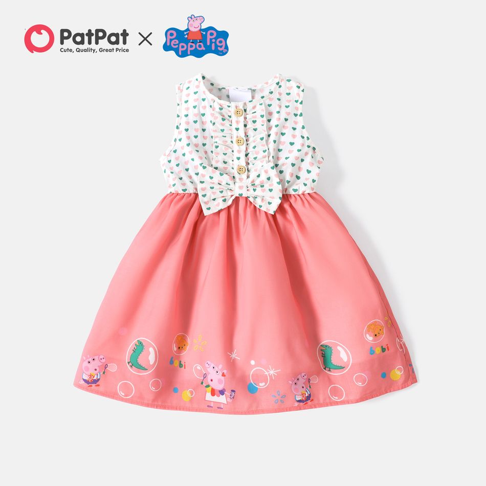 Peppa Pig Toddler Girl Ruffled Bowknot Design Denim/Polka dots Sleeveless Cototn Dress Pink