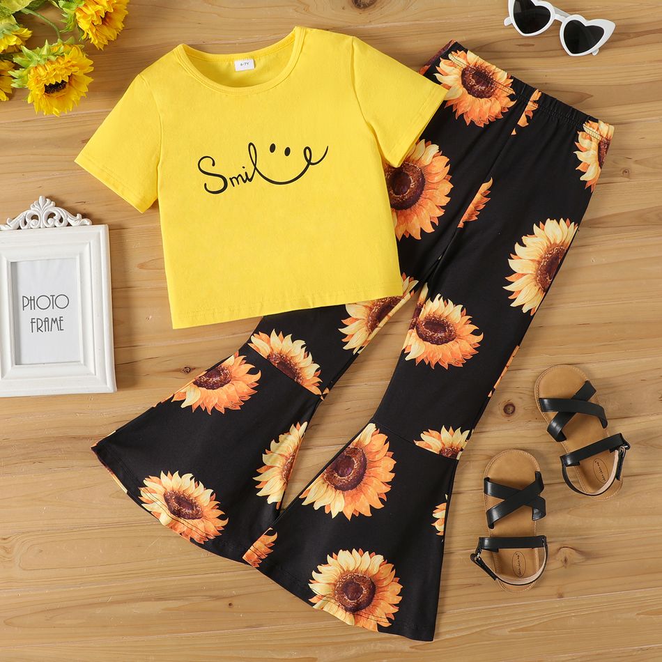 2pcs Kid Girl Letter Print Short-sleeve Yellow Tee and Floral Sunflower Print Flared Pants Set Yellow