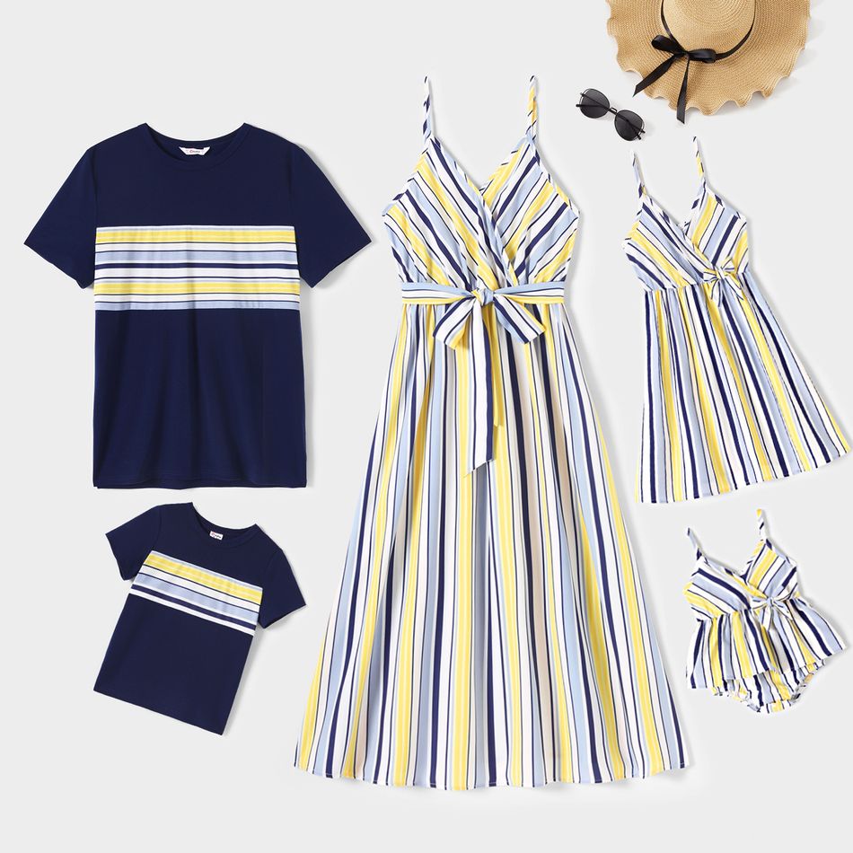 Family Matching Striped Surplice Neck Belted Cami Dresses and Spliced Short-sleeve T-shirts Sets COLOREDSTRIPES