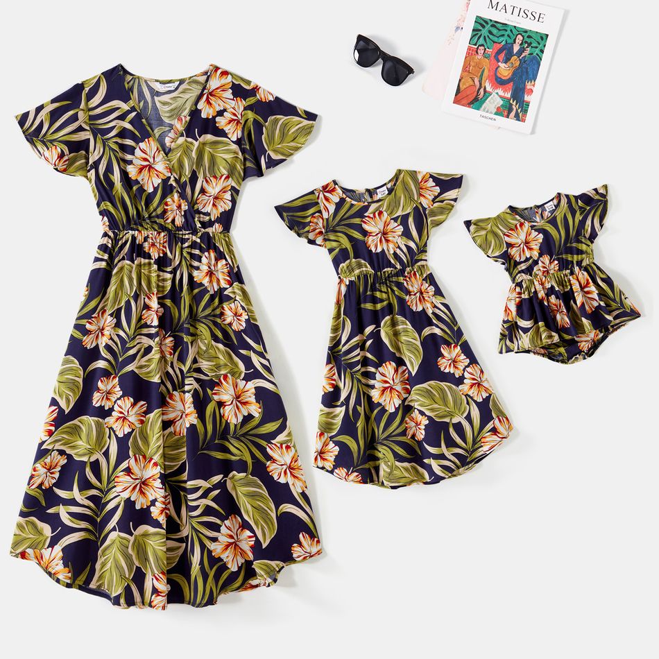 Allover Tropical Plant Print Surplice Neck Ruffle-sleeve Dress for Mom and Me Tibetanblue