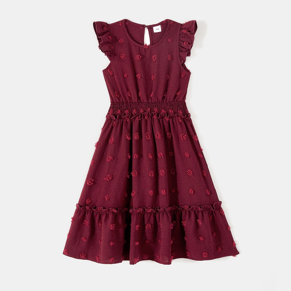 Family Matching Solid Swiss Dot Frill Trim Flutter-sleeve Dresses and Colorblock Short-sleeve T-shirts Sets Burgundy big image 6