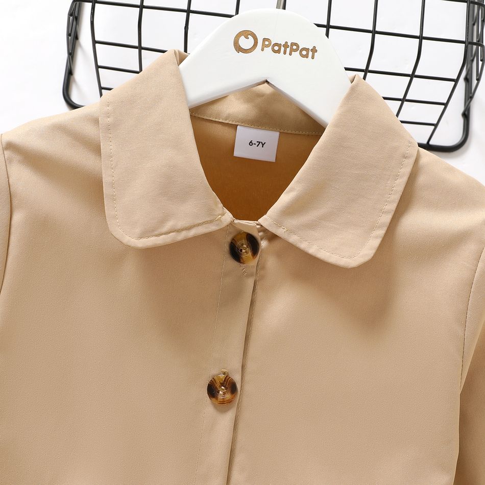 Kid Girl Lapel Collar Button Design Belted Ruffle-sleeve Khaki Coat Khaki big image 4