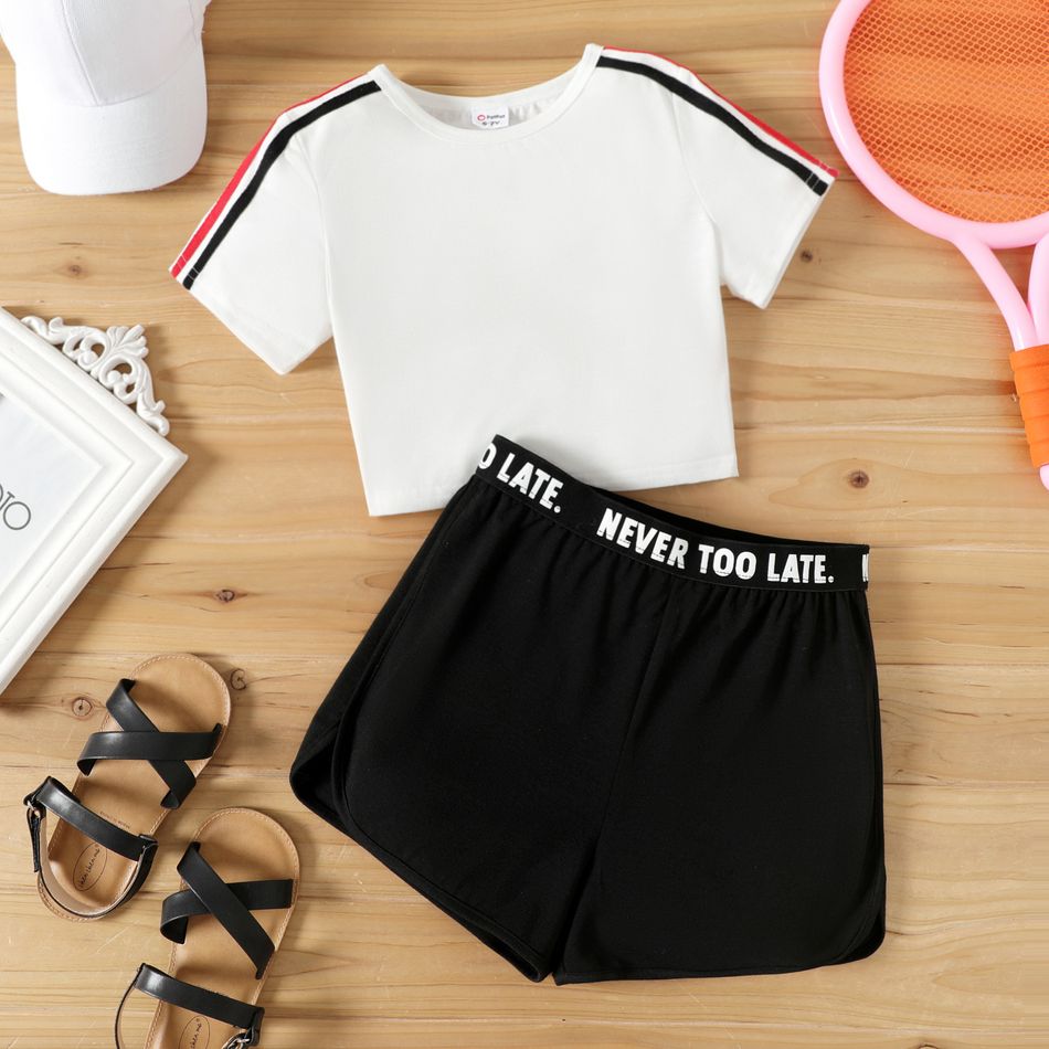 2pcs Kid Girl Striped Short-sleeve Tee and Letter Print Shorts Sporty Set White