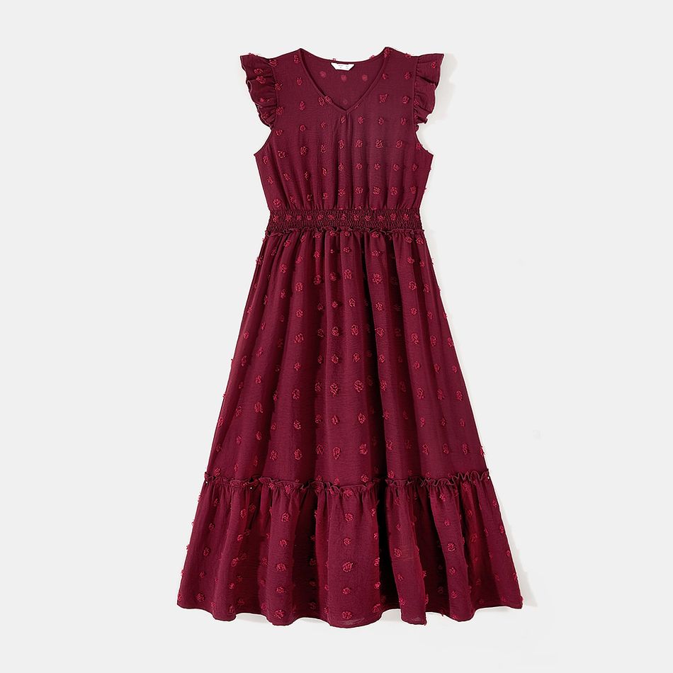 Family Matching Solid Swiss Dot Frill Trim Flutter-sleeve Dresses and Colorblock Short-sleeve T-shirts Sets Burgundy big image 2