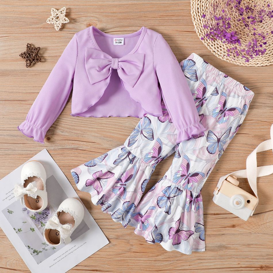 2pcs Baby Girl Rib Knit Bow Front Lettuce Trim Long-sleeve Cardigan and Allover Butterfly Print Flared Pants Set Light Purple
