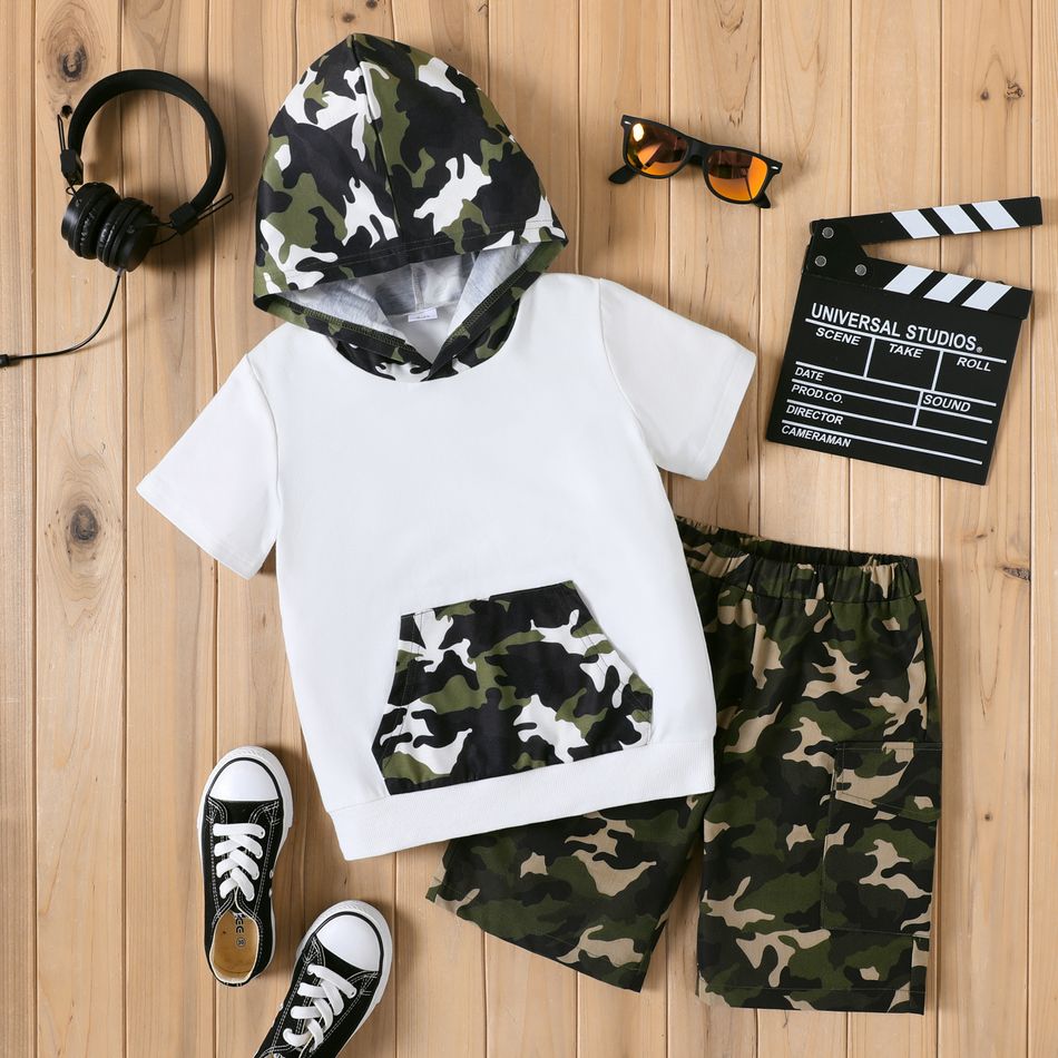 2pcs Kid Boy Camouflage Print Pocket Design Hooded Short-sleeve Tee and Shorts Set White