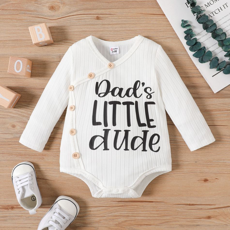 Baby Boy Button Front Letter Print Rib Knit Long-sleeve Romper White big image 1