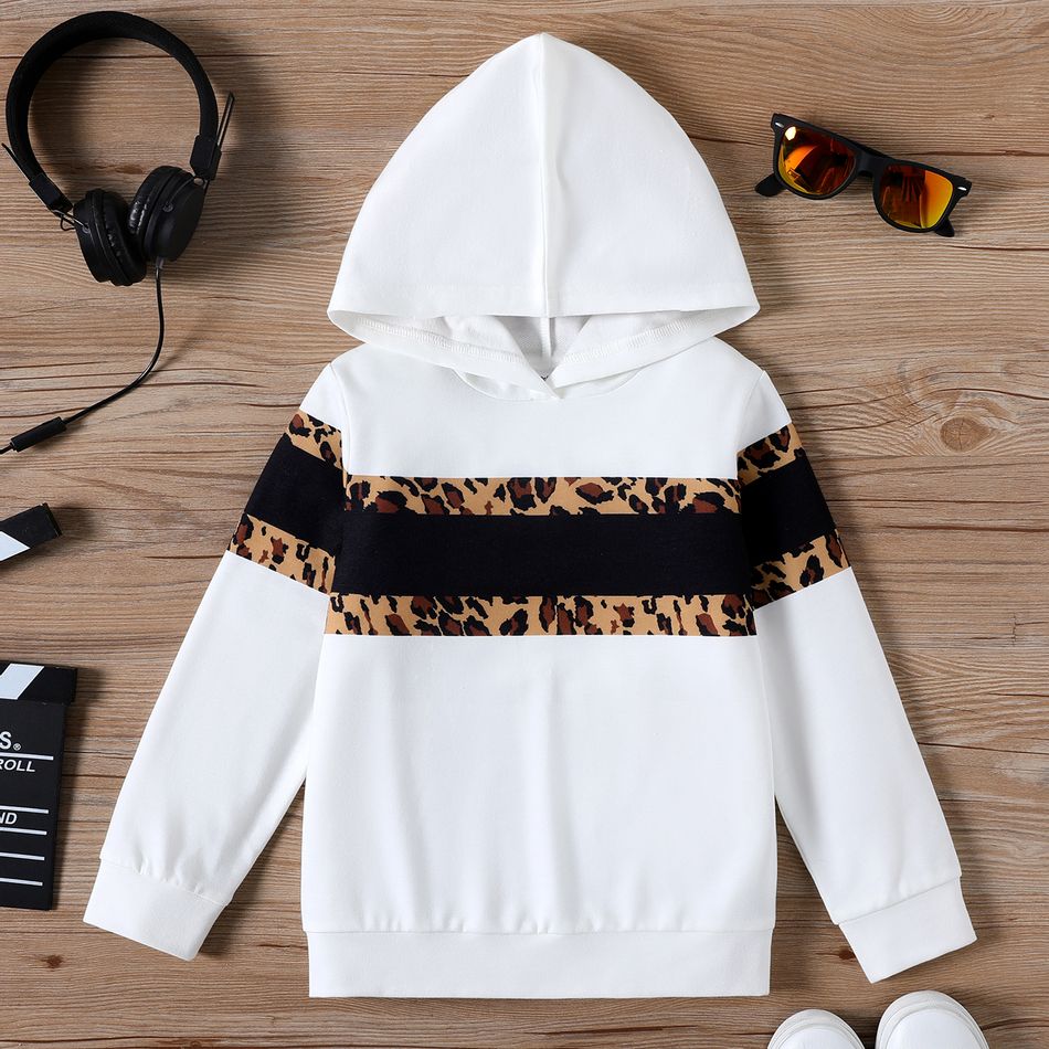 Kid Girl Leopard Print Colorblock Hooded Sweatshirt White big image 1