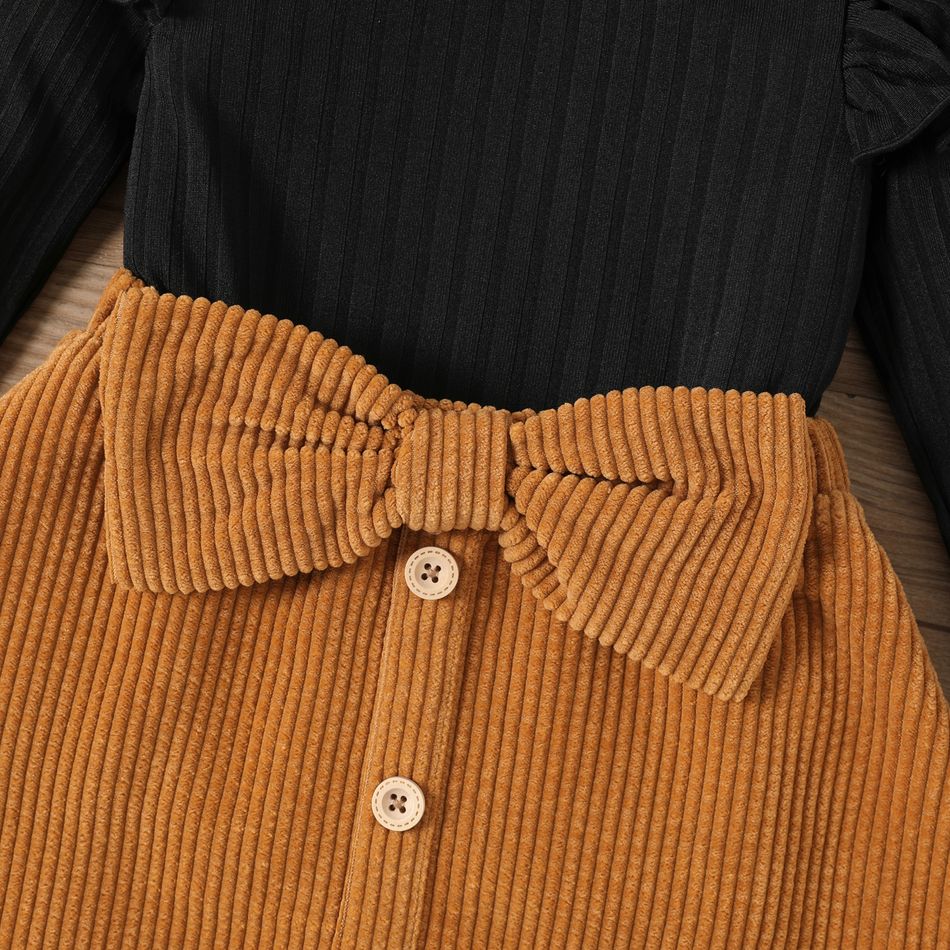2pcs Baby Girl Rib Knit Ruffled Long-sleeve Top and Button Front Corduroy Skirt Set Khaki big image 4