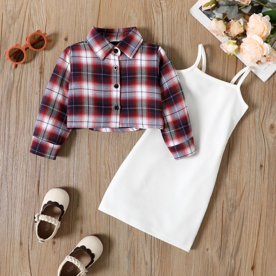 2pcs Toddler Girl White Slip Dress and Lapel Collar Plaid Shirt Cardigan Set Color block