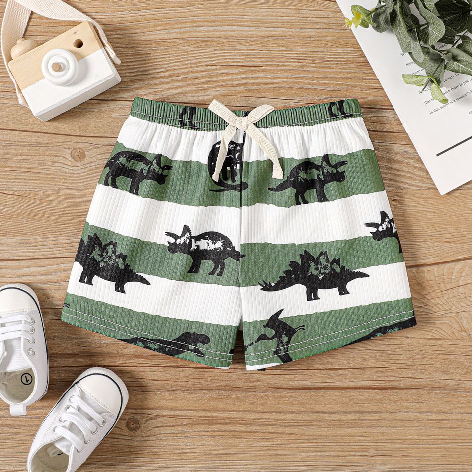 Baby Boy Allover Dinosaur Print Striped Rib Knit Shorts GrassGreen
