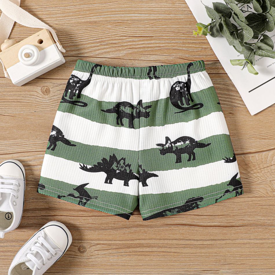 Baby Boy Allover Dinosaur Print Striped Rib Knit Shorts GrassGreen big image 5