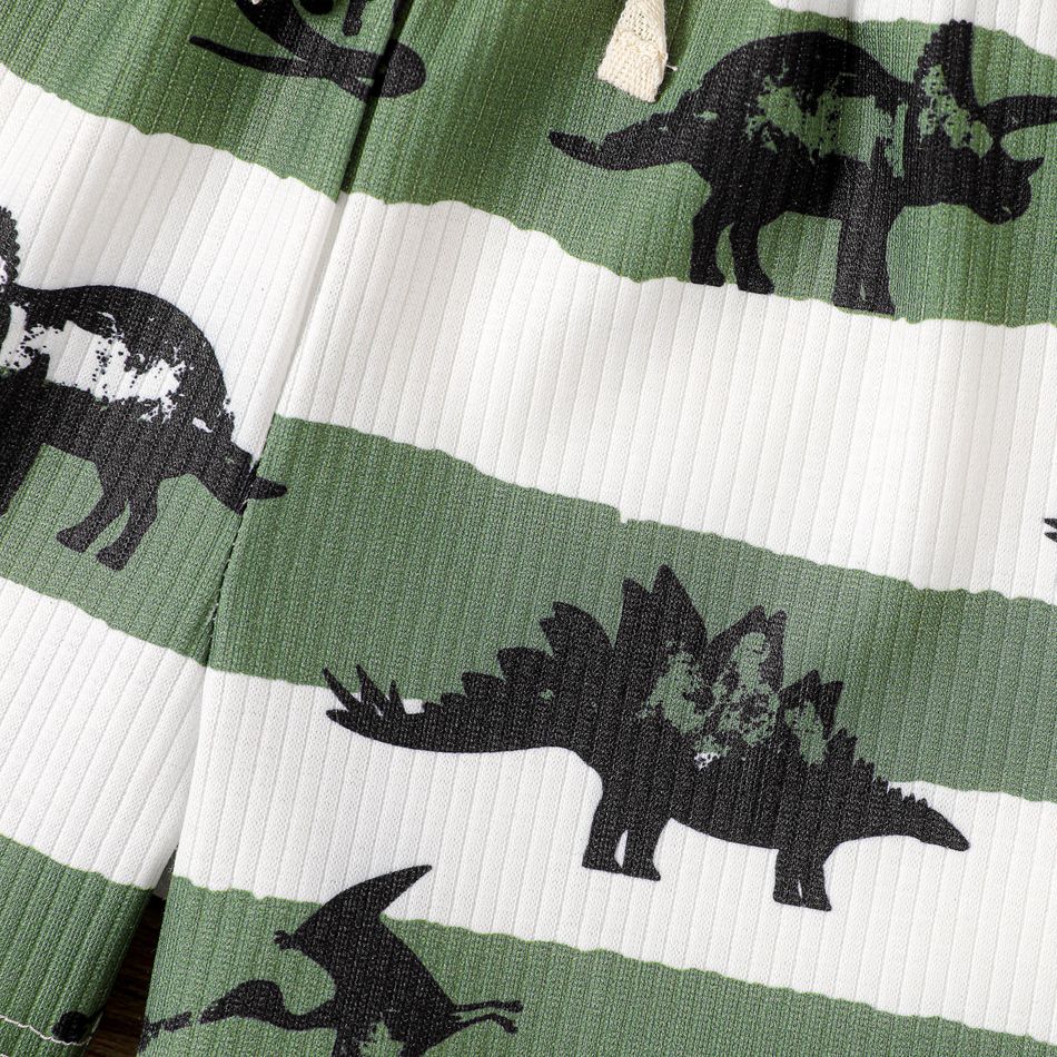 Baby Boy Allover Dinosaur Print Striped Rib Knit Shorts GrassGreen big image 3